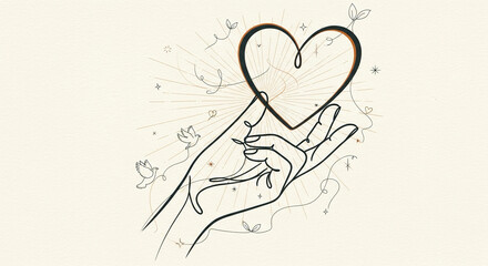 Abstract line art of hand holding a heart, kindness and service theme