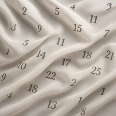 Translucent numbers drift across a length of flowing silk &mdash; calendar days printed as delicate numerals that float and fold with the fabric&rsquo;s motion.