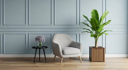 Elegant living room interior with a comfortable armchair, lush plant, and stylish decor, creating a serene and inviting space for relaxation and contemplation