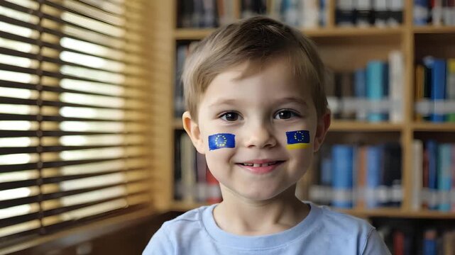 Smiling young boy with European Union flag face paint on cheeks looking at camera, natural expressions blinking and smiling, symbol of European identity and cultural pride in school library background