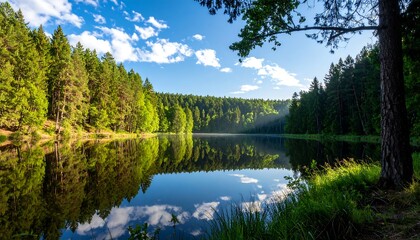 Fototapeta premium Peaceful Forest Lake Surrounded by Trees Under a Clear Blue Sky