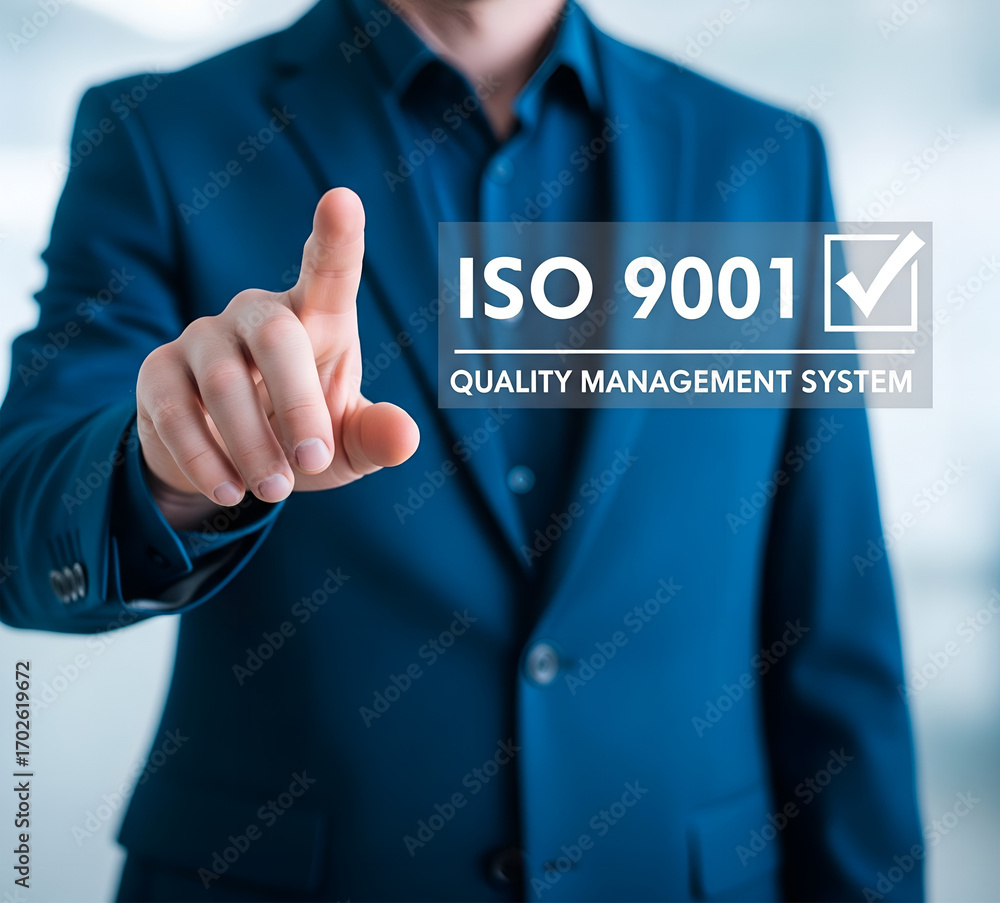 Poster businessman touching a digital screen displaying iso 9001 quality management system certification