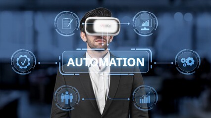 A business professional engages with virtual reality technology, showcasing automation concepts through visual infographics in a modern corporate setting. Raster