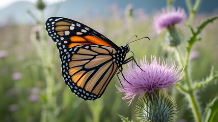 Naklejka premium Monarch butterfly drinking nectar from a thistle flower in summer meadow