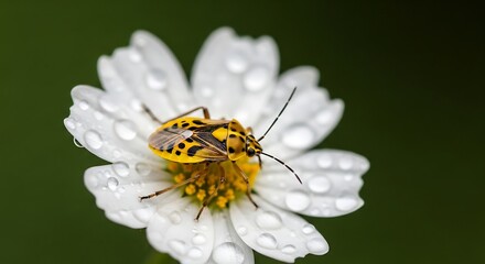 Obraz premium Yellow insect on a white flower with water droplets.