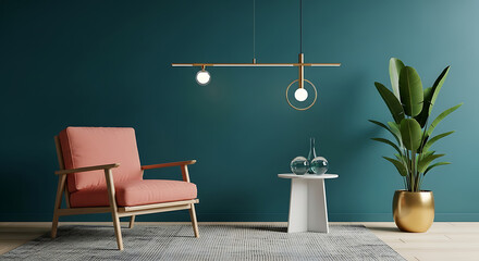 Modern living room interior with a salmoncolored armchair, a small white table, a stylish lamp, and a lush green plant in a golden pot against a teal wall, creating a sophisticated and inviting space