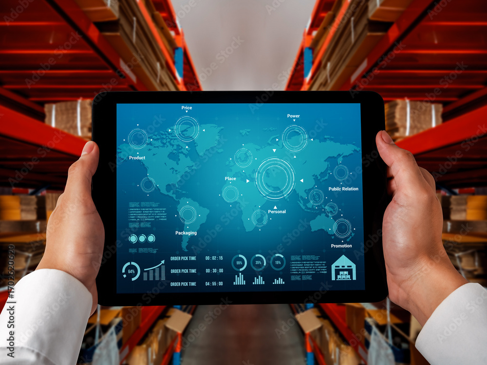 Poster warehouse management innovative software in computer for real time monitoring of goods package deliv