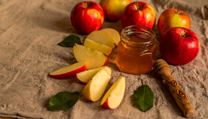 Apple and Honey Flatlay with Wooden Dipstick. Rosh Hashanah Jewish Fest. Generated Image