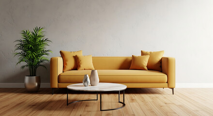 Contemporary living room featuring a mustard yellow sofa with throw pillows, a round coffee table adorned with decorative vases, and a potted plant, all set against a textured wall, creating a warm an
