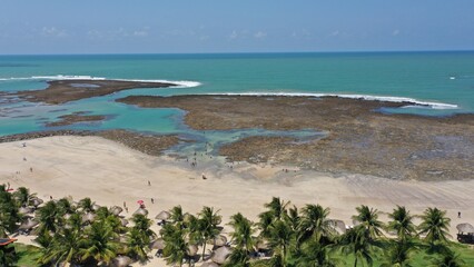 Fantastic panoramic view of Serrambi beach with coral reefs, natural swimming pools in the sea, white sand and palm trees. Serrambi near Recife in Pernambuco State, Brazil 