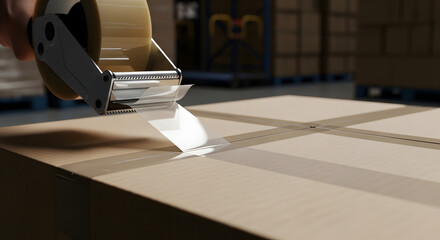 Worker sealing a cardboard box with transparent tape using a dispenser in a warehouse.