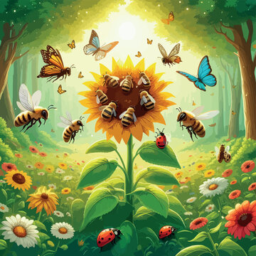 Ilustraci&oacute;n de bosque encantado con girasoles y mariposas