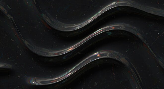 Abstract Dark Wavy Texture with Iridescent Highlights background black wave glossy shiny smooth pattern design surface 3d rendering