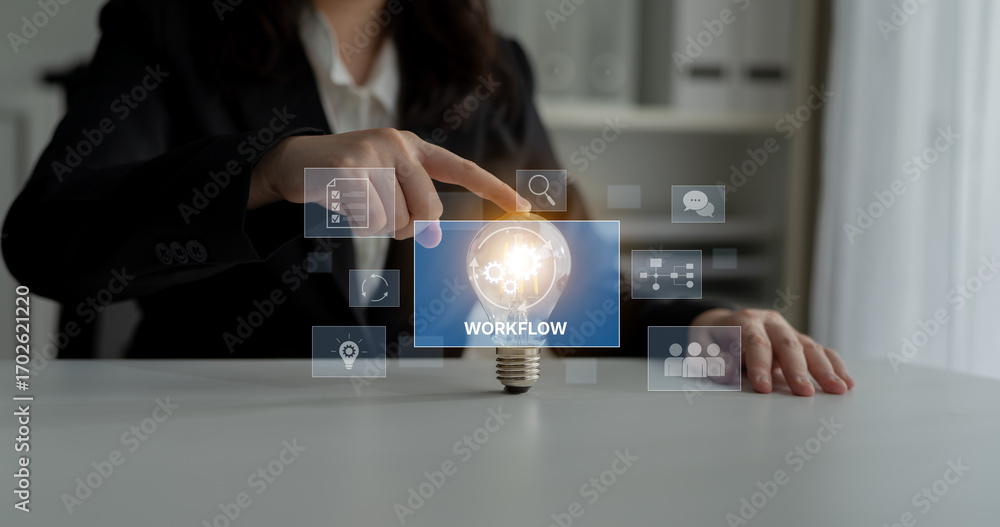 Poster workflow optimization concept featuring interconnected gears, task management, collaboration, proces