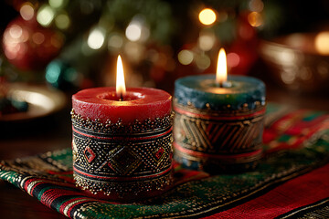 Burning kinara candles celebrating kwanzaa with chritmas tree in background