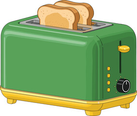 Electric toaster with toasted bread, green and yellow kitchen appliance, breakfast icon, cad drawing flat vector illustration