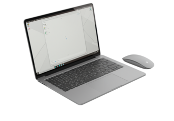 Open modern matte space grey laptop with minimalist white ui and matching wireless mouse, isolated on pristine light grey studio background, 45-degree elevated angle, high-key lighting, concept of