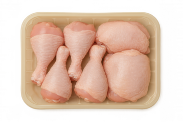 Raw chicken pieces nestled in clear plastic tray, prepared for culinary preparation against neutral backdrop
