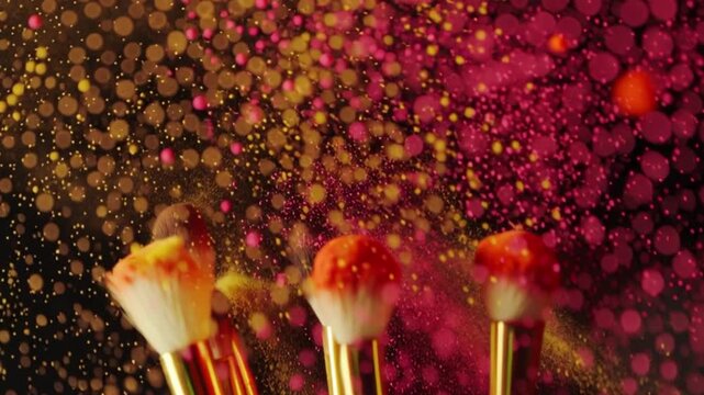 Slow motion 4K makeup brushes releasing vibrant colored powder clouds, cinematic beauty visuals with high speed capture, artistic cosmetics motion, texture detail, and creative studio energy