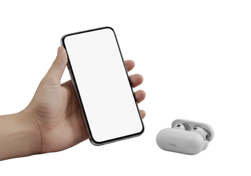 Elegant hand holding a modern smartphone with blank screen and a minimalist earbud case, pristine product photography on transparent background, concept of technological sophistication