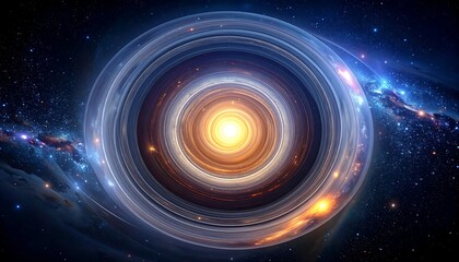A captivating cosmic illustration depicts a bright, swirling vortex, possibly a black hole, set against a starlit expanse