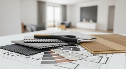interior design material samples and blueprints for home renovation