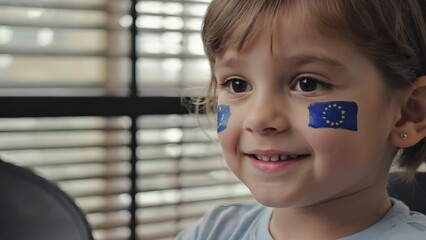 Smiling child with European Union flag face paint on cheeks indoors, portrait of happy young girl showing European identity and unity, close up of kid with EU symbol in bright colors