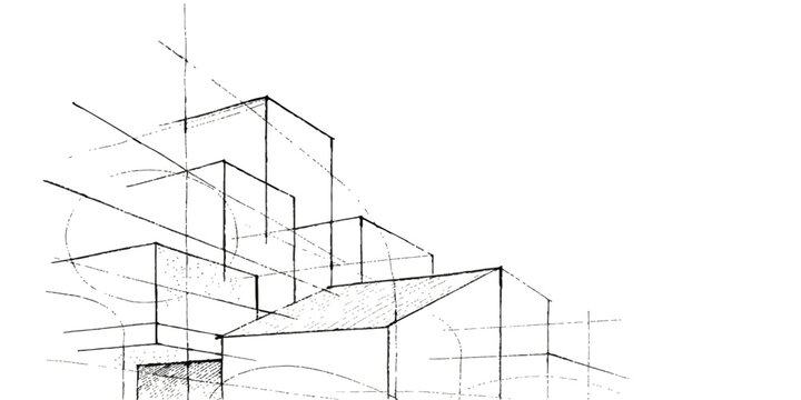 Abstract architectural blueprint of a building structure with white lines