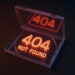 A glossy jewel case rests on a dark surface; inside, neon tubing pulses to spell 404 Not Found, turning a mundane web error into a luxurious, surreal reliquary.