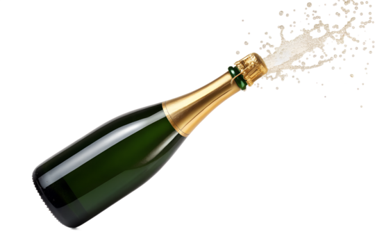 Champagne bottle exploding with foam isolated on white background