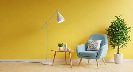 Vibrant yellow living room interior with blue armchair, floor lamp, side table, and potted plant creating a cheerful and stylish space for relaxation and reading in a modern home decor setting