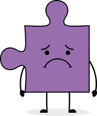 Sad cartoon puzzle piece character, emotional vector clipart, anthropomorphic design, isolated illustration, playful mood, symbolic element, cad drawing flat vector illustration