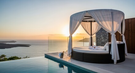 Obraz premium stunning luxury daybed and infinity pool with a beautiful ocean sunset