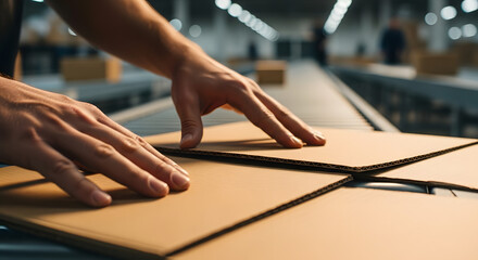 Obraz premium Close-up of hands carefully arranging cardboard boxes on a conveyor belt in a warehouse.