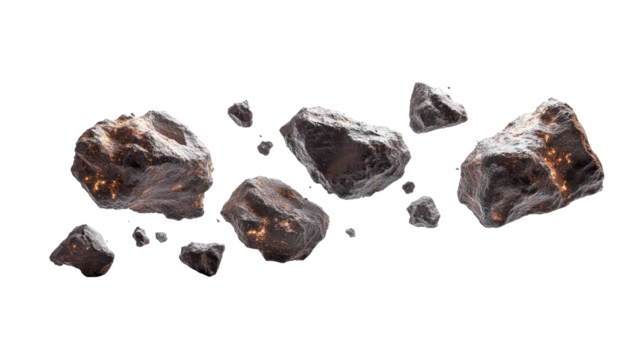 Flying asteroids isolated on transparent background