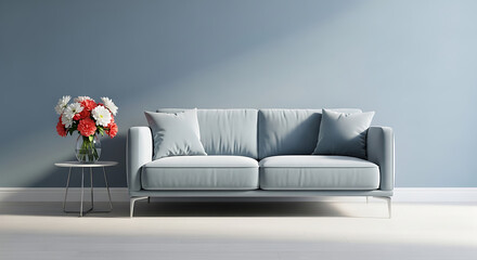 Elegant living room interior with a comfortable grey sofa, soft pillows, and a beautiful bouquet of flowers on a small table against a serene blue wall, creating a peaceful and stylish atmosphere
