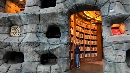 Stone-carved library nook with bookshelves