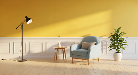 Bright and airy living room interior with a comfortable blue armchair, a stylish floor lamp, and a small wooden table against a sunny yellow wall, creating a cozy and inviting atmosphere