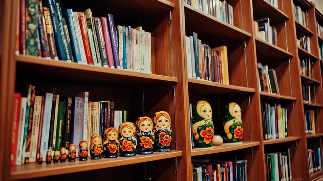 Wooden bookshelves filled with books and Russian nesting dolls