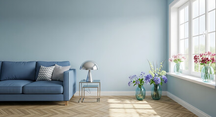 Bright and airy living room with a blue sofa, a side table with a lamp, and flowers in vases by the window, creating a cozy and inviting atmosphere with natural light and a calming color palette