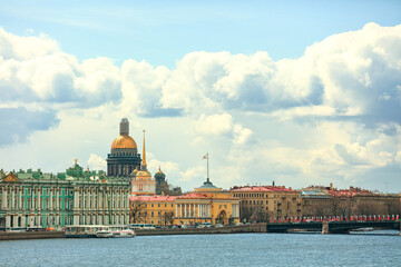 beautiful blue sky, cloud, Panorama, Skyline of Saint Petersburg, Russia at neva river side. Can...