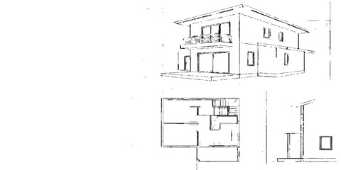 Architectural sketches and blueprints illustrating the design and construction plans for a variety of homes and buildings