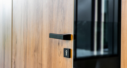 Wooden door with glass reflection background.