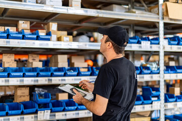 Warehouse worker checks inventory in storage area. A man in a black shirt inspects shelves filled with boxes and blue bins in a warehouse during daylight hours.