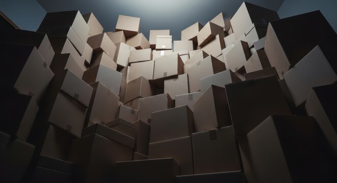 stacked cardboard boxes filling a room, low angle view