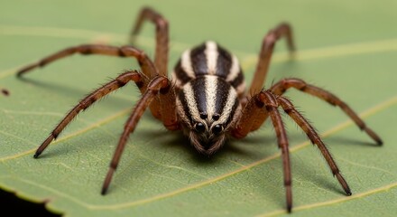 Obraz premium Striking Close-Up of a Striped Spider on a Green Leaf.