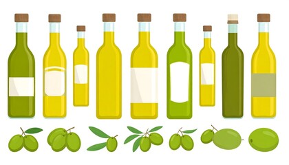 Various olive oil bottles and olives