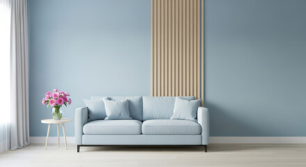 Serene living room interior with a light blue sofa, pink flowers, and minimalist decor a peaceful and inviting space with soft natural light, creating a calming atmosphere for relaxation and quiet con