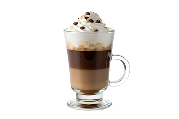 Layered coffee drink with whipped cream isolated on white background
