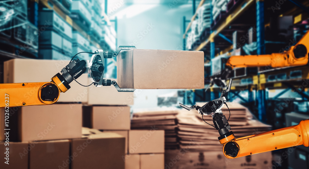 Poster smart robot arm system for innovative warehouse and factory digital technology . automation manufact